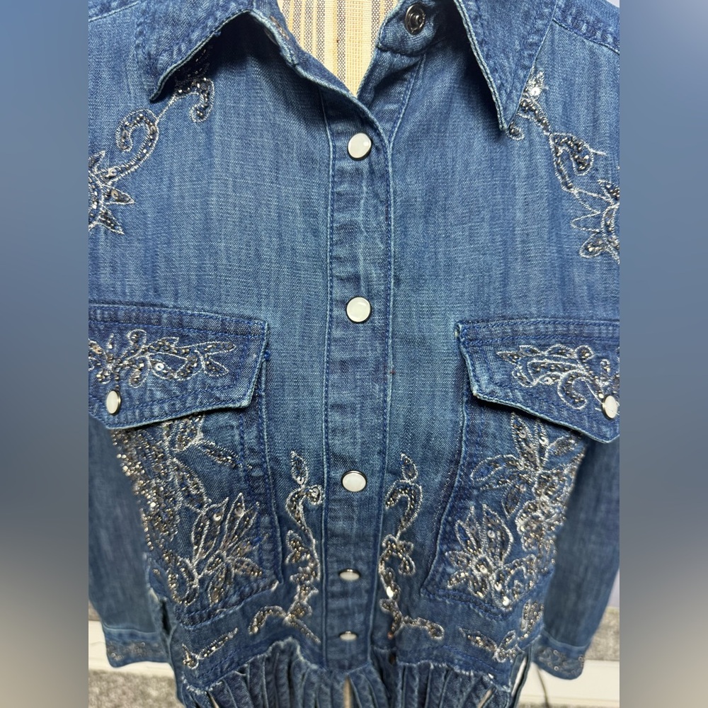 NWT Pilcro Denim Silver embellished Collar Button Down fringe bottom Shirt XXS - Picture 8 of 16